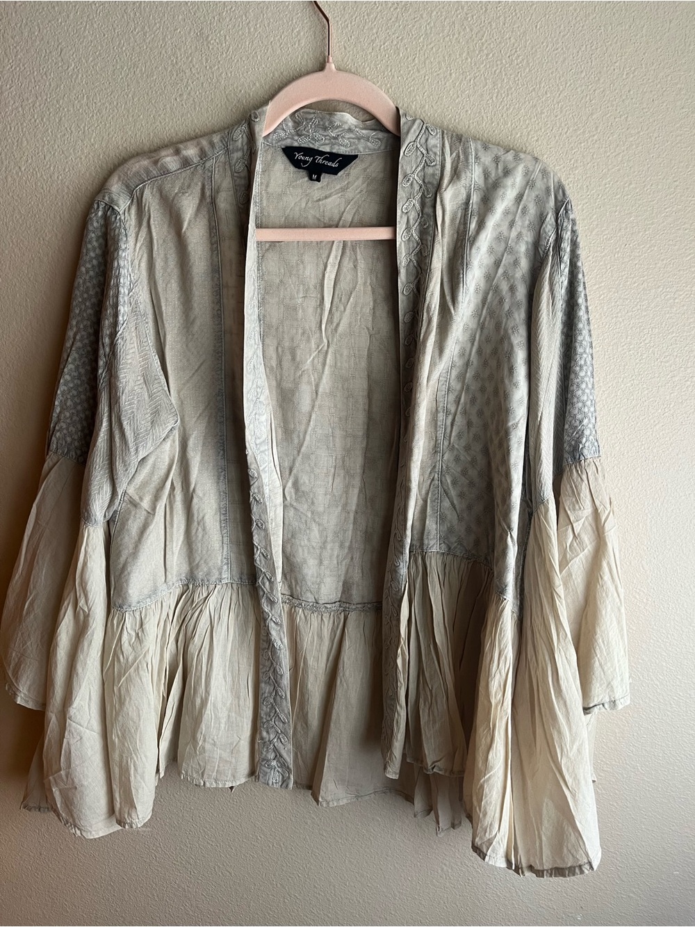 Young threads Boho Open-Front Cardigan in Gray and Cream